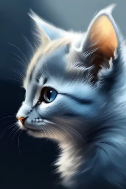 An illustration of grey kitten with bright blue eyes in a style of watercolor, profile view, golden hour, , realistic, high resolution, volumetric, chiaroscuro