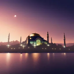 Sultanahmet standing back to back under sky, landscape lake, sunset, illustration concept art anime