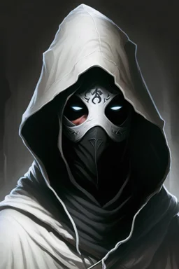 dungeons and dragons man wearing black robes and hood wearing a white mask with eyeholes
