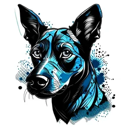 Modern tattoo motifs, abstract and minimalist ink drawing, Bold and dynamic, design on a white background, Pictured is a broad and firm head of a short-haired crossbreed dog of a dark color, without light patches on the faces, of a firmer stature with very short drooping ears . The image consists of black and blue colors. The tattoo is with detailed shading. The dog has a cheerful and mischievous look and a sticking out tongue, he smiles