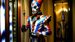 Generates the image of a Harlequin standing in front of a mirror, holding a shiny arrow in one hand. The Harlequin wears his colorful classic costume and his face is painted with the distinctive Harlequin pattern. The arrow has a shiny finish and there are reflections of the Harlequin and his surroundings in the mirror behind him.