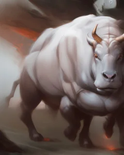 Minotaur, half man. Half bull crw majestically galloping through the dense forest in the style of Doug Hyde , fantastical landscape, soft strokes , mythology portrait, classic illustrated digital design