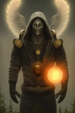 running berserker portrait , no face, black jogging suite , in the night Alps , holding coins , angels background, volumetric gold light, high detail, dark leaf tree, dark mountains in background, perfect, HR Giger style