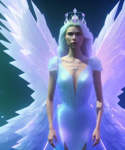 A crystalised queen, atmospheric, realistic, unreal engine, cinematic lighting, octane render. blue, pink, transparency, light, shine,bright, full body, transparent wings, blonde, long hair, smile