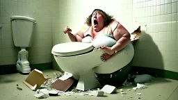 big lady sitting on shattered toilet