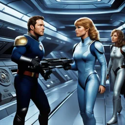 [Velrian and Laureline's universe of Jean-Claude Mézières (1967)] Chris Pratt as Kael Dravan tightened his uniform clasp while scanning the crowded spacedock, a tide of alien species pouring through the bay. At his side, a youthful Heather Thomas plays Lyra Vey listened intently, her gift for finding order in chaos keeping them steady amid the shrieks, scents, and psychic echoes. Around them bustled Shingouz, Syrtesians, and towering Omelites, all moving within the vast, living heartbeat of Poi