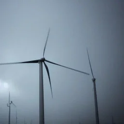 Thousands vertical wind turbines. Heavy cold rain. Thunderstorm. An engineer looking up. Futuristic scenary. Gray mist.