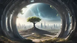 the last tree on earth, view from a far, portal to a space near the tree on the left, on the right city of the future year 4222, very realistic,