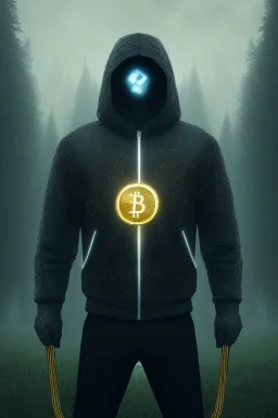 running berserker portrait , no face, black jogging suite , in the night Alps , holding bitcoins , angels background, volumetric gold light, high detail, dark leaf tree, dark mountains in background, perfect