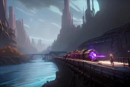 river canyon dungeon punk steam train bridge seven towers city