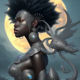 sango fantasy, fantasy magic, intricate, sharp focus, illustration, highly detailed, digital painting, concept art, matte, masterpiece head sexy African beauty black afro hair space lady silver beach sunset