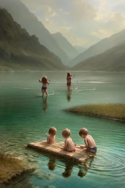 four kids SWIMMING AND PLAYING on beautiful lake . one of them cooking fish and the other three playing on a by Jean-Baptiste Monge, highly detailed, lighting, very attractive, beautiful, high detail, award winning, hyper-realistic, high definition, crisp quality, watercolor highly detailed Award winning photography photorealistic