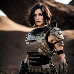 beautiful sexy caucasian female soldier, black metal body and limbs, visible cybernetic limbs, scratched sand camo, no armor, short brunette wavy bob haircut, dystopian, desert scene