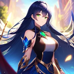 girl, masterpiece, best quality, volumetric lighting, detailed outfit, perfect eyes, dark blue hair, green eyes, long hair, valkyrie,