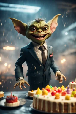 portrait of happy gremlin standing in a mega cake in suit flying in wind tunnel birthday party in a storm cloud, in the style of a fallout 4,bokeh like f/0.8, tilt-shift lens 8k, high detail, smooth render, down-light, unreal engine, prize winning