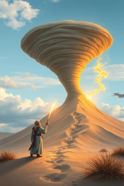 moses controls sand tornado with his wand building a hill