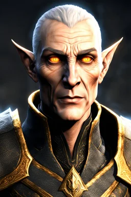 An old male altmer battlemage from Skyrim with golden-orange eyes