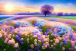 paysage rempli de belles grandes fleurs blanches bleues roses 8k