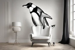 penguin shaped and penguin coloured (black and white) armchair in a modern room, with human feet decorated wallpaper in the background in sunshine