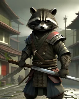 raccoon as a samurai, realistic, 1 katana, city, ready for battle