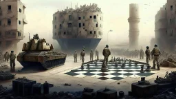 Israeli soldiers and tanks stand on a very large chessboard in the middle of a destroyed city