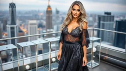 a picture of very beautiful sexy model lady with makeup and beautiful modern fashion midi pleated velvet dark silver lace skirt with lace edges and modern loose lace top with a loose over, curvy silver long hair, standing in a modern city open satge on roof of a skyscraper with city escape at background, 6 cubic colomns with mirror sides, with some small lights on crystal frames,