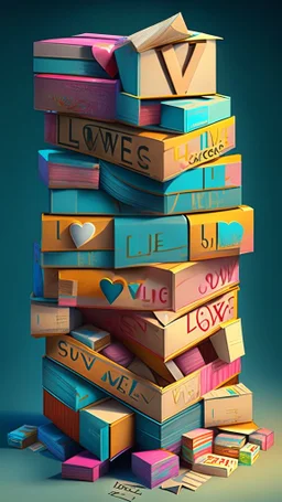 Stacked boxes stuffed with overflowing love letters, realistic, professional, art, detailed, vibrant colors.