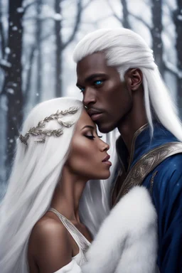 young dark-skinned sorceress with blue eyes and straight long snow-white hair, kissing her betrothed man
