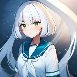 Clear focus, High resolution, white hair, short hair, long locks, fluffy hair, between eyes,green eyes, wearing a sailor uniform, frowning, half closed eyes, no blush, mad, 1girl, bob cut, very long locks