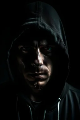 A man wearing a dark hoodie with face cast in shadow. The camera is directly in front with the image being perfectly horizontally symmetrical.