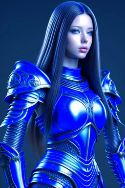 female with long hair, wearing blue metal armor, skinny