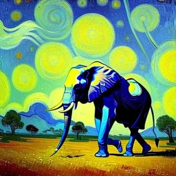 Dibujo al oleo de un elefante africano en el bosque con nubes estilo Vincent van Gogh