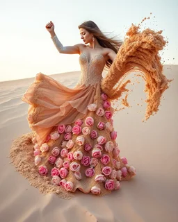 Gorgeous Photography princess dancer, dancing with a prince handsome man on the dune expression, high fashion, long dress made of sand, a swirling whirlwind of sand made of flowers of roses and peonies, fashion, heels, tornado splash made of sand and roses,beautiful, beige, ocher, pink