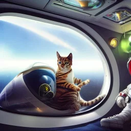 hyper-realistic artwork of astronaut with his pet cat inside spaceship, 8k resolution, high-quality, fine-detail, detailed matte, intricate, 3D octane render, illustration, digital art, brian froud, howard lyon, anna dittman, greg rutowski,