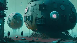 Eerie space orbs, reimagined as brutalist low cost homes, ((holographic grunge cyborg robot army)), urban futuristic, macabre, RAW, gritty, high exposure, high contrast, analog indie horror, (science fiction painting, Simon stålenhag, Denis Sarazhin, Alex Colville, Romain Trystram, Christopher Shy, Alejandro Burdisio, Tye Martinez, ominous sky), metaphysical art, obscured, RAW, GRITTY, dread, retrospective art, dusk, low light, techno gothic, narrative art, dark surrealism, sinister vibes