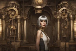 full body and headshot of a skinny Cleopatra, with a silver bob hairstyle, standing in a steampunk setting.