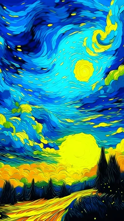 blue yellow sky, anime style, in the style of vincent van Gogh, only sky
