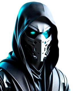 futuristic cyberpunk masked assassin face, dark colors, half cyborg, arabic style, full body, white background, hyper realistic, unreal engine, high quality