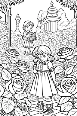 kids coloring page, rose garden, cartoon style, thick lines, low detail, no shading