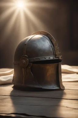 The Roman centurion's helmet lies on an old cracked wooden table. Next to it on the table is a cross on a string and a scroll of parchment. A ray of sunlight reflects off the helmet. All around is the entourage of ancient Rome. High quality image in 8K