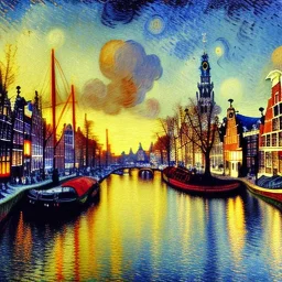 Drawing in oil of medieval Amsterdam city river, clouds, boats , sunset, fantasy 8k by Van Gogh