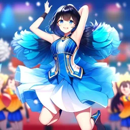 Clear focus,High resolution, Black short fluffy hair, and blue eyes, wearing a cheerleader outfit, smiling, jumping, hands in air