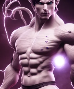 avatar, goku, white and purple lines hair, fighting pose, muscular body, shirtless, volumetric details, hyper realism, unreal engine 5