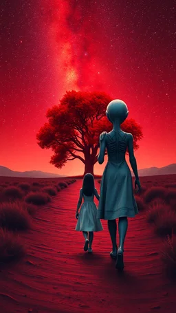 A beautiful girl walking with an alien both their hands on both shoulders from rear view , they are walking toward a an red big tree in a distance ,in romantic themes in the background is a vivid red sky stars and milky way galaxy and the blighting creates a dramatic and otherworldly atmosphere