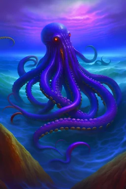 Long, thick purple tentacles, not a person, emerging from sea