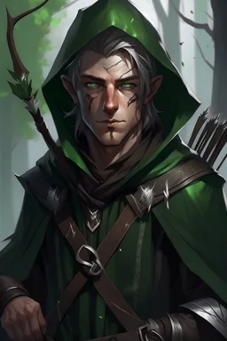 35 year old male rogue elf, thief assassin, mauve hair, messy hair, bright green eyes, brown skin, black hood, black leather, messy, disheveled, trees, sneaky, bow and arrows, long and lean