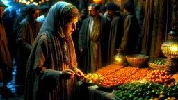 A full-length Palestinian girl wearing an embroidered dress and a white embroidered shawl buys oranges from an old seller wearing a keffiyeh in the market of Jerusalem, 100 years ago, at night with multi-colored lights reflecting on her.