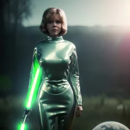 Ultra Realistic retro sci-fi portrait image from 1960, spaceship, sweet young Jane Fonda, dress with tight latex suit, lightsaber fighting stance, soft color, highly detailed, unreal engine 5, ray tracing, RTX, lumen lighting, ultra detail, volumetric lighting, 3d, finely drawn, high definition, high resolution.