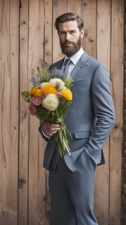 Man with medium beard in full suit holding a bouquet of flowers in a site environment in the background of a wooden wall