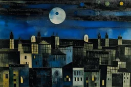 A blackish blue city with the crescent moon at midnight painted by Paul Klee